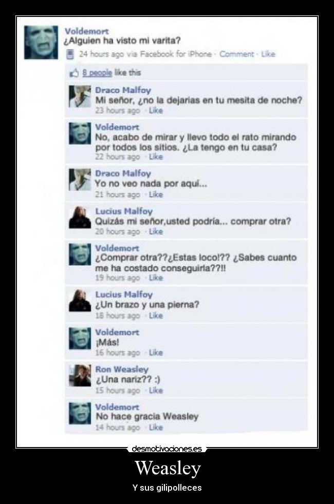carteles weasley sus gilipolleces varita voldemort lord harry potter facebook face book desmotivaciones