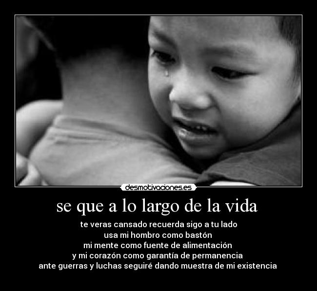 se que a lo largo de la vida  - te veras cansado recuerda sigo a tu lado
usa mi hombro como bastón 
mi mente como fuente de alimentación 
y mi corazón como garantía de permanencia 
ante guerras y luchas seguiré dando muestra de mi existencia 
