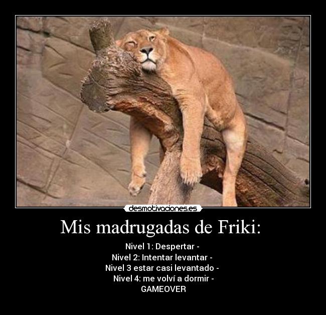 Mis madrugadas de Friki: - Nivel 1: Despertar -
Nivel 2: Intentar levantar -
Nivel 3 estar casi levantado -
Nivel 4: me volví a dormir -
GAMEOVER