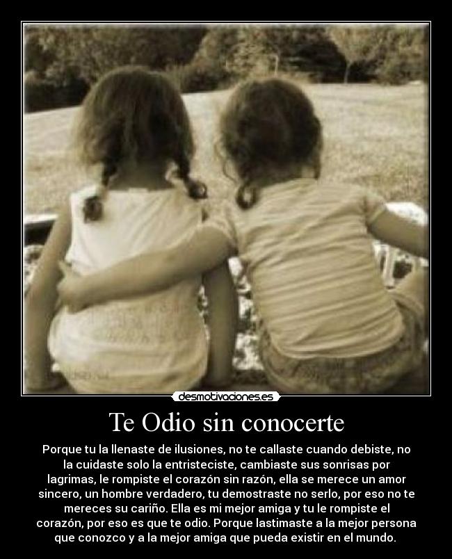 Te Odio sin conocerte - Porque tu la llenaste de ilusiones, no te callaste cuando debiste, no
la cuidaste solo la entristeciste, cambiaste sus sonrisas por
lagrimas, le rompiste el corazón sin razón, ella se merece un amor
sincero, un hombre verdadero, tu demostraste no serlo, por eso no te
mereces su cariño. Ella es mi mejor amiga y tu le rompiste el
corazón, por eso es que te odio. Porque lastimaste a la mejor persona
que conozco y a la mejor amiga que pueda existir en el mundo. 