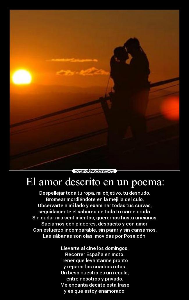 El amor descrito en un poema: - Despellejar toda tu ropa, mi objetivo, tu desnudo.
Bromear mordiéndote en la mejilla del culo.
Observarte a mi lado y examinar todas tus curvas,
seguidamente el saboreo de toda tu carne cruda.
Sin dudar mis sentimientos, querernos hasta ancianos.
Saciarnos con placeres, despacito y con amor.
Con esfuerzo incomparable, sin parar y sin cansarnos.
Las sábanas son olas, movidas por Poseidón.
Llevarte al cine los domingos.
Recorrer España en moto.
Tener que levantarme pronto
y reparar los cuadros rotos.
Un beso nuestro es un regalo,
entre nosotros y privado.
Me encanta decirte esta frase
y es que estoy enamorado.