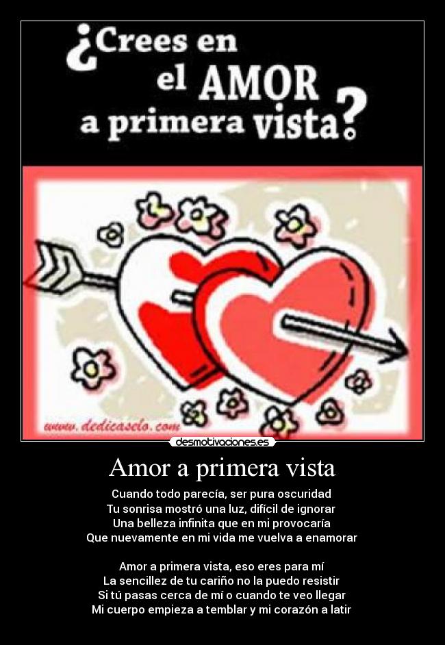 Amor a primera vista - Cuando todo parecía, ser pura oscuridad 
Tu sonrisa mostró una luz, difícil de ignorar 
Una belleza infinita que en mi provocaría 
Que nuevamente en mi vida me vuelva a enamorar 

Amor a primera vista, eso eres para mí 
La sencillez de tu cariño no la puedo resistir 
Si tú pasas cerca de mí o cuando te veo llegar 
Mi cuerpo empieza a temblar y mi corazón a latir 

