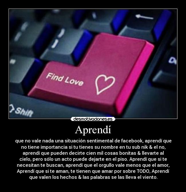 Aprendí - que no vale nada una situación sentimental de facebook, aprendí que
no tiene importancia si tu tienes su nombre en tu sub nik & el no,
aprendí que pueden decirte cien mil cosas bonitas & llevarte al
cielo, pero sólo un acto puede dejarte en el piso. Aprendí que si te
necesitan te buscan, aprendí que el orgullo vale menos que el amor,
Aprendí que si te aman, te tienen que amar por sobre TODO, Aprendí
que valen los hechos & las palabras se las lleva el viento.
