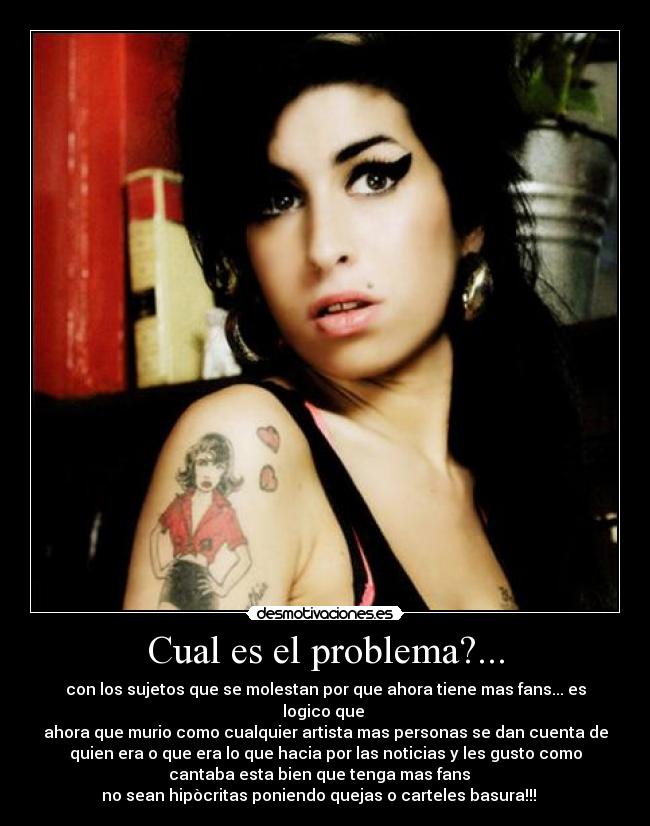 Cual es el problema?... - con los sujetos que se molestan por que ahora tiene mas fans... es
logico que
ahora que murio como cualquier artista mas personas se dan cuenta de
quien era o que era lo que hacia por las noticias y les gusto como
cantaba esta bien que tenga mas fans
no sean hipòcritas poniendo quejas o carteles basura!!!