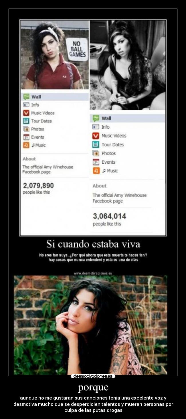 porque - aunque no me gustaran sus canciones tenia una excelente voz y
desmotiva mucho que se desperdicien talentos y mueran personas por
culpa de las putas drogas