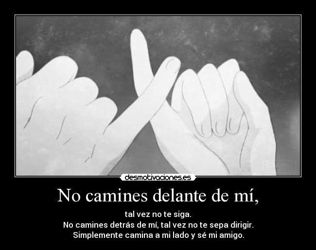 No camines delante de mí, - tal vez no te siga.
No camines detrás de mí, tal vez no te sepa dirigir.
Simplemente camina a mi lado y sé mi amigo.