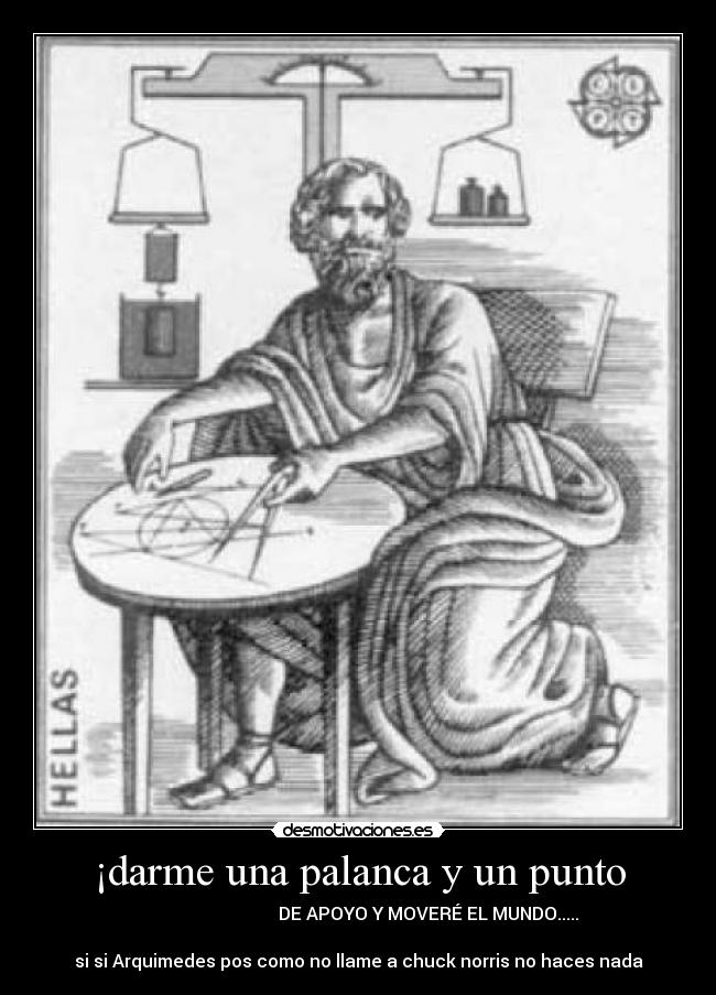 ¡darme una palanca y un punto -                                    DE APOYO Y MOVERÉ EL MUNDO.....   
                                                      
si si Arquimedes pos como no llame a chuck norris no haces nada