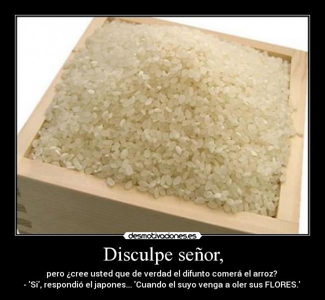 Disculpe señor, - pero ¿cree usted que de verdad el difunto comerá el arroz? 
- Si, respondió el japones... Cuando el suyo venga a oler sus FLORES. 