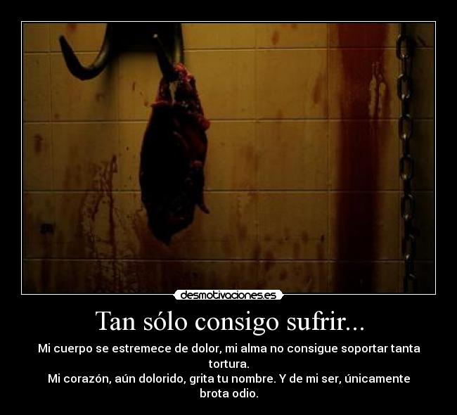 Tan sólo consigo sufrir... - Mi cuerpo se estremece de dolor, mi alma no consigue soportar tanta tortura.
Mi corazón, aún dolorido, grita tu nombre. Y de mi ser, únicamente brota odio.