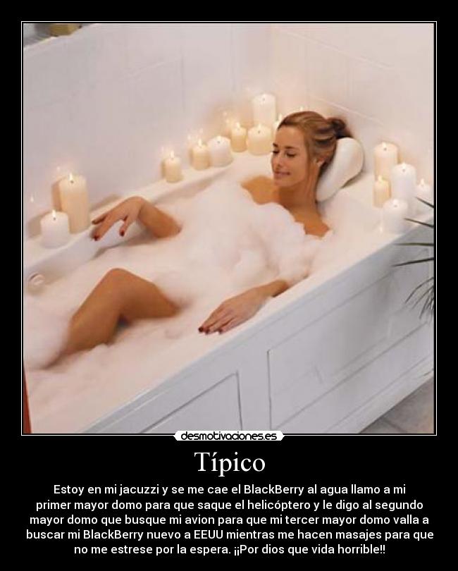 Típico - Estoy en mi jacuzzi y se me cae el BlackBerry al agua llamo a mi
primer mayor domo para que saque el helicóptero y le digo al segundo
mayor domo que busque mi avion para que mi tercer mayor domo valla a
buscar mi BlackBerry nuevo a EEUU mientras me hacen masajes para que
no me estrese por la espera. ¡¡Por dios que vida horrible!!