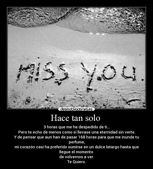 Hace tan solo  - 3 horas que me he despedido de ti...
Pero te echo de menos como si llevase una eternidad sin verte.
Y de pensar que aun han de pasar 168 horas para que me inunde tu
perfume,
mi corazón casi ha preferido sumirse en un dulce letargo hasta que
llegue el momento 
de volvernos a ver.
Te Quiero.