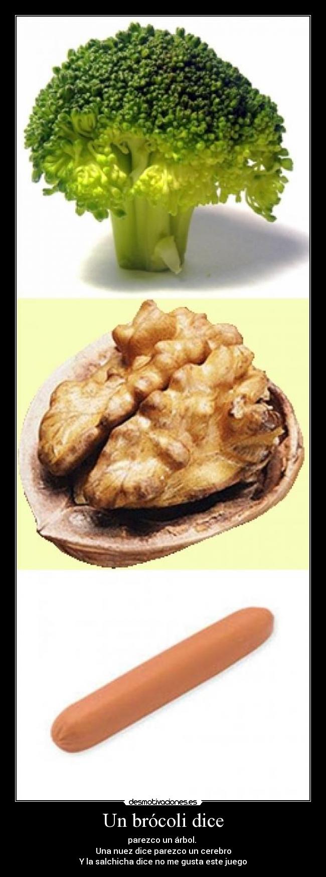 Un brócoli dice - parezco un árbol.
Una nuez dice parezco un cerebro
Y la salchicha dice no me gusta este juego
