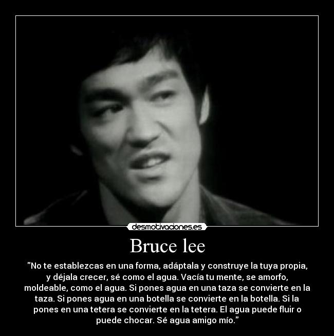 Bruce lee - No te establezcas en una forma, adáptala y construye la tuya propia,
y déjala crecer, sé como el agua. Vacía tu mente, se amorfo,
moldeable, como el agua. Si pones agua en una taza se convierte en la
taza. Si pones agua en una botella se convierte en la botella. Si la
pones en una tetera se convierte en la tetera. El agua puede fluir o
puede chocar. Sé agua amigo mío.