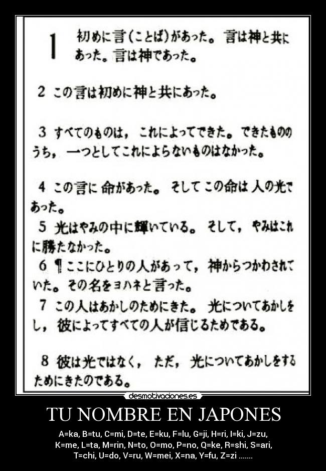 TU NOMBRE EN JAPONES - A=ka, B=tu, C=mi, D=te, E=ku, F=lu, G=ji, H=ri, I=ki, J=zu,
K=me, L=ta, M=rin, N=to, O=mo, P=no, Q=ke, R=shi, S=ari,
T=chi, U=do, V=ru, W=mei, X=na, Y=fu, Z=zi .......