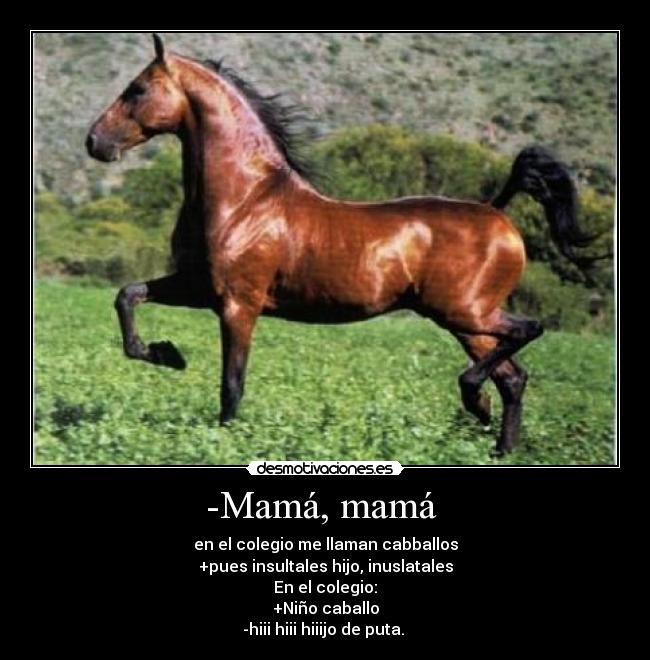 -Mamá, mamá - en el colegio me llaman cabballos
+pues insultales hijo, inuslatales
En el colegio:
+Niño caballo
-hiii hiii hiiijo de puta.