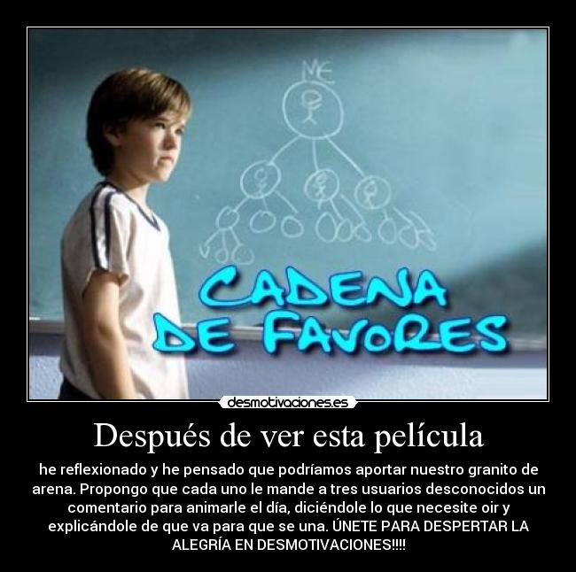 Después de ver esta película - he reflexionado y he pensado que podríamos aportar nuestro granito de
arena. Propongo que cada uno le mande a tres usuarios desconocidos un
comentario para animarle el día, diciéndole lo que necesite oir y
explicándole de que va para que se una. ÚNETE PARA DESPERTAR LA
ALEGRÍA EN DESMOTIVACIONES!!!!