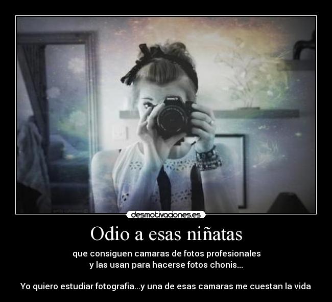 Odio a esas niñatas - que consiguen camaras de fotos profesionales
y las usan para hacerse fotos chonis...
Yo quiero estudiar fotografia...y una de esas camaras me cuestan la vida