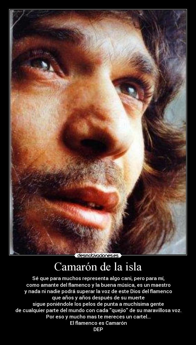 Camarón de la isla - Sé que para muchos representa algo cani, pero para mí,
como amante del flamenco y la buena música, es un maestro
y nada ni nadie podrá superar la voz de este Dios del flamenco
que años y años después de su muerte
sigue poniéndole los pelos de punta a muchísima gente
de cualquier parte del mundo con cada quejio de su maravillosa voz.
Por eso y mucho mas te mereces un cartel...
El flamenco es Camarón
DEP
