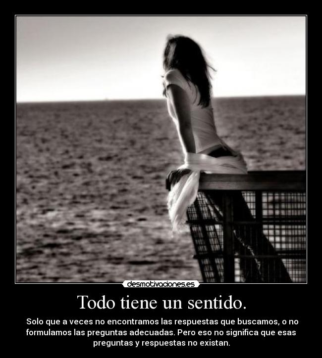 Todo tiene un sentido. - Solo que a veces no encontramos las respuestas que buscamos, o no
formulamos las preguntas adecuadas. Pero eso no significa que esas
preguntas y respuestas no existan.
