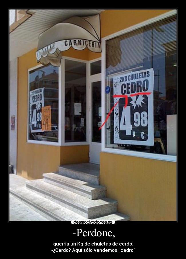 -Perdone, - querría un Kg de chuletas de cerdo.
-¿Cerdo? Aquí sólo vendemos cedro