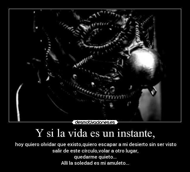 Y si la vida es un instante, - hoy quiero olvidar que existo,quiero escapar a mi desierto sin ser visto
salir de este círculo,volar a otro lugar,
quedarme quieto...
Allí la soledad es mi amuleto...