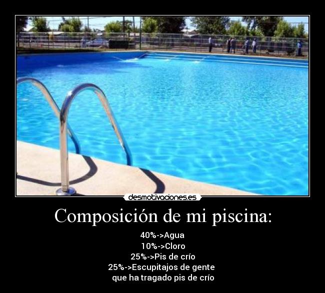 Composición de mi piscina: - 40%->Agua
10%->Cloro
25%->Pis de crío
25%->Escupitajos de gente 
que ha tragado pis de crío