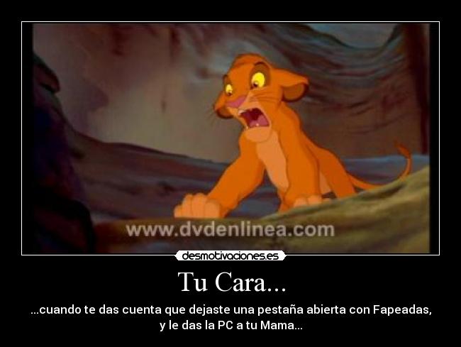 Tu Cara... - ...cuando te das cuenta que dejaste una pestaña abierta con Fapeadas,
y le das la PC a tu Mama...