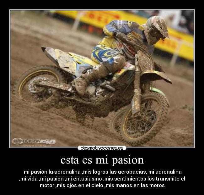 esta es mi pasion - mi pasión la adrenalina ,mis logros las acrobacias, mi adrenalina
,mi vida ,mi pasión ,mi entusiasmo ,mis sentimientos los transmite el
motor ,mis ojos en el cielo ,mis manos en las motos