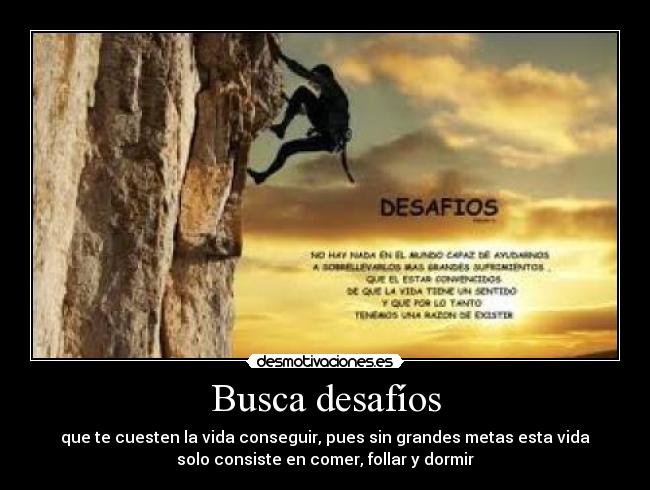 Busca desafíos - que te cuesten la vida conseguir, pues sin grandes metas esta vida
solo consiste en comer, follar y dormir