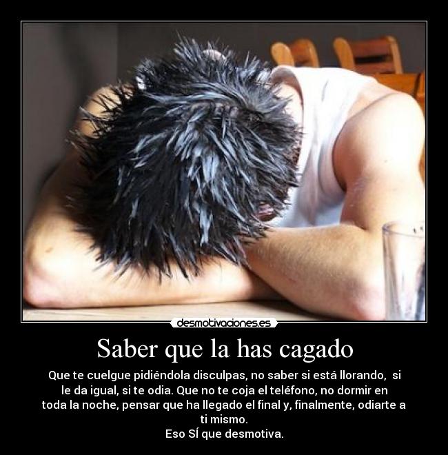 Saber que la has cagado - Que te cuelgue pidiéndola disculpas, no saber si está llorando, si
le da igual, si te odia. Que no te coja el teléfono, no dormir en
toda la noche, pensar que ha llegado el final y, finalmente, odiarte a
ti mismo.
Eso SÍ que desmotiva.