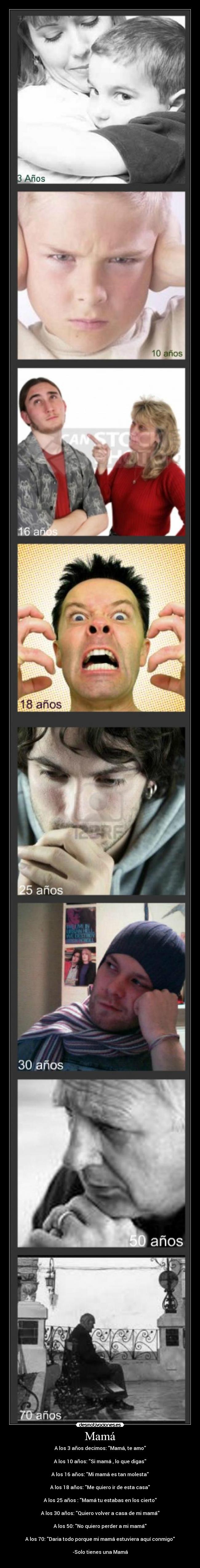 Mamá - A los 3 años decimos: Mamá, te amo
A los 10 años: Si mamá , lo que digas
A los 16 años: Mi mamá es tan molesta
A los 18 años: Me quiero ir de esta casa
A los 25 años : Mamá tu estabas en los cierto
A los 30 años: Quiero volver a casa de mi mamá
A los 50: No quiero perder a mi mamá
A los 70: Daria todo porque mi mamá estuviera aquí conmigo
-Solo tienes una Mamá