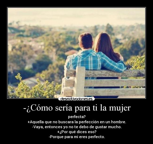 -¿Cómo sería para ti la mujer - perfecta?
+Aquella que no buscara la perfección en un hombre.
-Vaya, entonces yo no te debo de gustar mucho.
+¿Por qué dices eso?
-Porque para mi eres perfecto.
