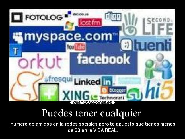 Puedes tener cualquier - numero de amigos en la redes sociales,pero te apuesto que tienes menos
de 30 en la VIDA REAL.