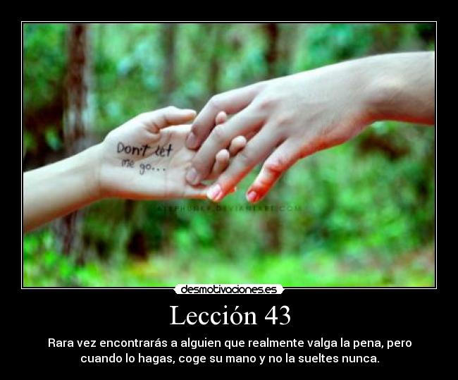Lección 43 - Rara vez encontrarás a alguien que realmente valga la pena, pero
cuando lo hagas, coge su mano y no la sueltes nunca.