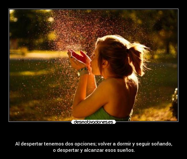   - Al despertar tenemos dos opciones; volver a dormir y seguir soñando,
o despertar y alcanzar esos sueños.