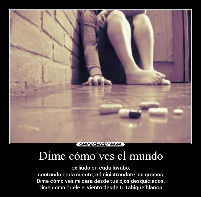 Dime cómo ves el mundo - exiliado en cada lavabo,
contando cada minuto, administrándote los gramos.
Dime cómo ves mi cara desde tus ojos desquiciados.
Dime cómo huele el viento desde tu tabique blanco.