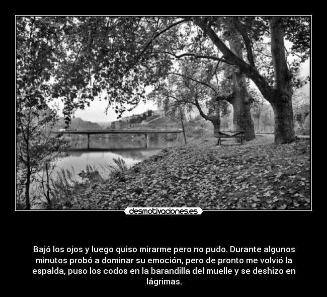   - Bajó los ojos y luego quiso mirarme pero no pudo. Durante algunos
minutos probó a dominar su emoción, pero de pronto me volvió la
espalda, puso los codos en la barandilla del muelle y se deshizo en
lágrimas.