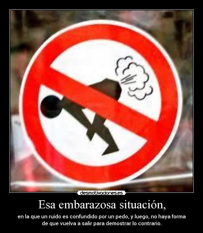 Esa embarazosa situación, - en la que un ruido es confundido por un pedo, y luego, no haya forma
de que vuelva a salir para demostrar lo contrario.