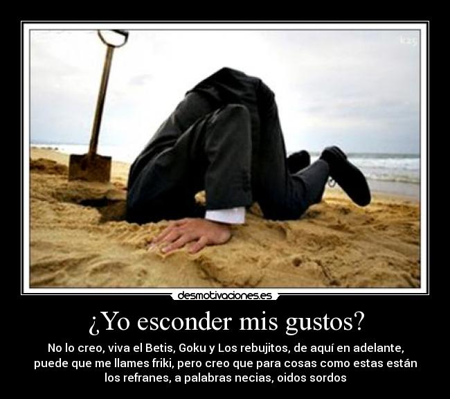 ¿Yo esconder mis gustos? - No lo creo, viva el Betis, Goku y Los rebujitos, de aquí en adelante,
puede que me llames friki, pero creo que para cosas como estas están
los refranes, a palabras necias, oidos sordos