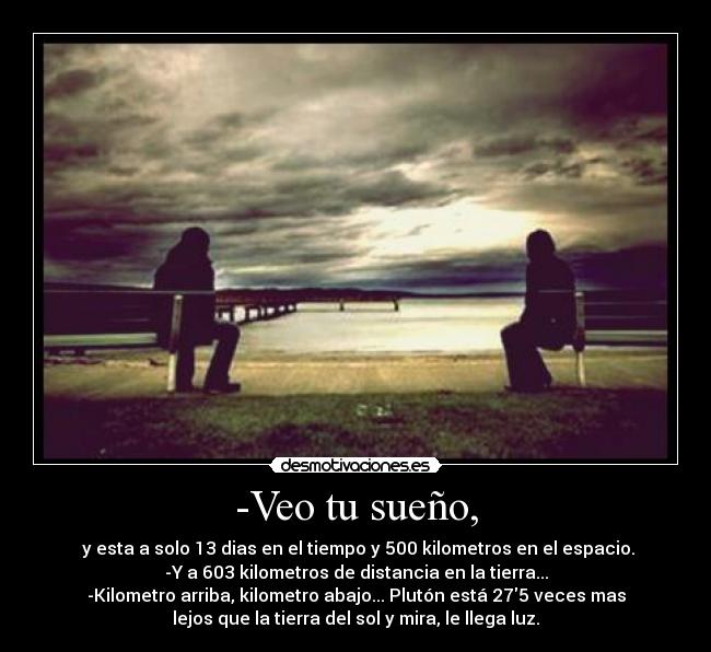 -Veo tu sueño, - y esta a solo 13 dias en el tiempo y 500 kilometros en el espacio.
-Y a 603 kilometros de distancia en la tierra...
-Kilometro arriba, kilometro abajo... Plutón está 275 veces mas
lejos que la tierra del sol y mira, le llega luz.