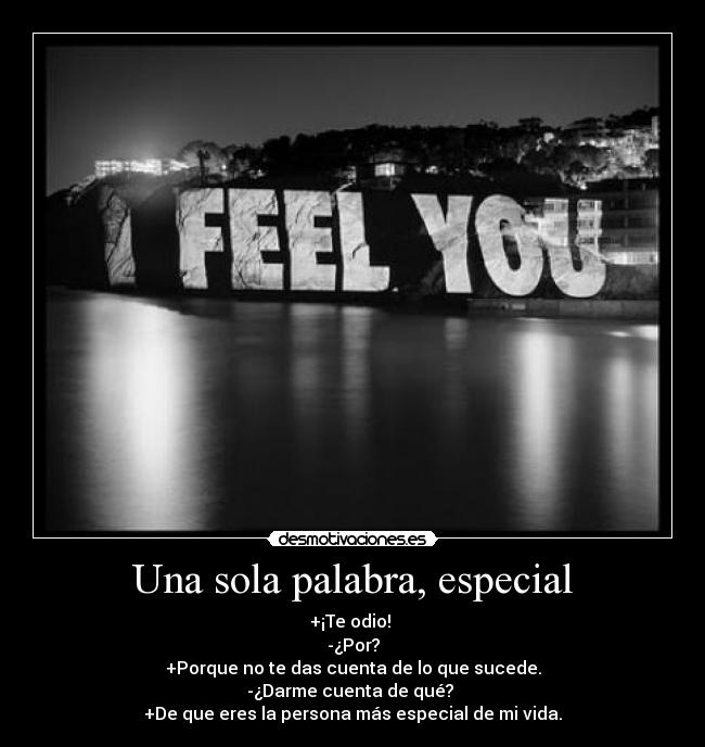 Una sola palabra, especial - +¡Te odio!
-¿Por?
+Porque no te das cuenta de lo que sucede.
-¿Darme cuenta de qué?
+De que eres la persona más especial de mi vida.