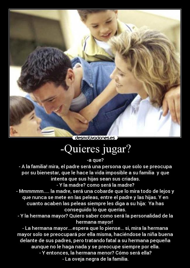 -Quieres jugar? - -a que?
- A la familia! mira, el padre será una persona que solo se preocupa
por su bienestar, que le hace la vida imposible a su familia  y que
intenta que sus hijas sean sus criadas.
- Y la madre? como será la madre?
- Mmmmmm..... la madre, será una cobarde que lo mira todo de lejos y
que nunca se mete en las peleas, entre el padre y las hijas. Y en
cuanto acaben las peleas siempre les diga a su hija:  Ya has
conseguido lo que querías.
- Y la hermana mayor? Quiero saber como será la personalidad de la
hermana mayor! 
- La hermana mayor....espera que lo piense... si, mira la hermana
mayor solo se preocupará por ella misma, haciéndose la niña buena
delante de sus padres, pero tratando fatal a su hermana pequeña
aunque no le haga nada y se preocupe siempre por ella.
- Y entonces, la hermana menor? Cómo será ella?
- La oveja negra de la familia.