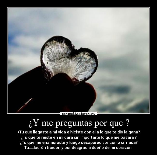 ¿Y me preguntas por que ? - ¿Tu que llegaste a mi vida e hiciste con ella lo que te dio la gana?
¿Tu que te reíste en mi cara sin importarte lo que me pasara ?
¿Tu que me enamoraste y luego desapareciste como si  nada?
Tu.....ladrón traidor, y por desgracia dueño de mi corazón 