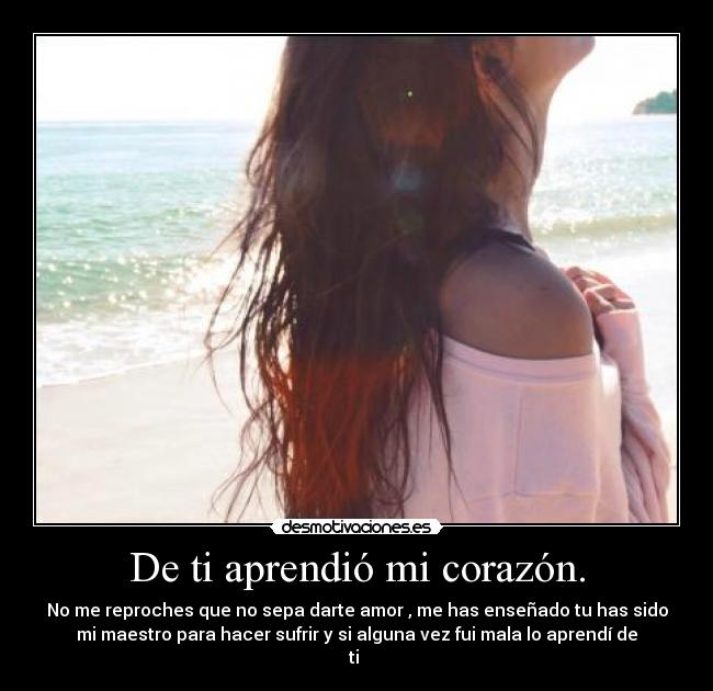 De ti aprendió mi corazón. - No me reproches que no sepa darte amor , me has enseñado tu has sido
mi maestro para hacer sufrir y si alguna vez fui mala lo aprendí de
ti 