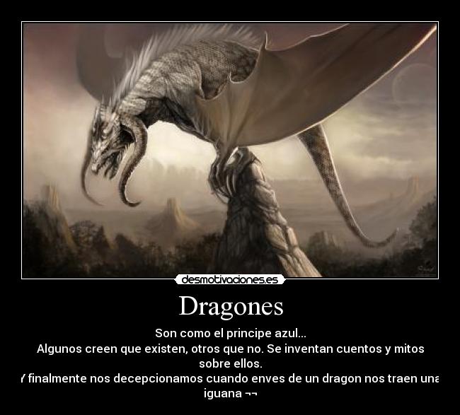 Dragones - Son como el principe azul...
Algunos creen que existen, otros que no. Se inventan cuentos y mitos
sobre ellos.
Y finalmente nos decepcionamos cuando enves de un dragon nos traen una
iguana ¬¬
