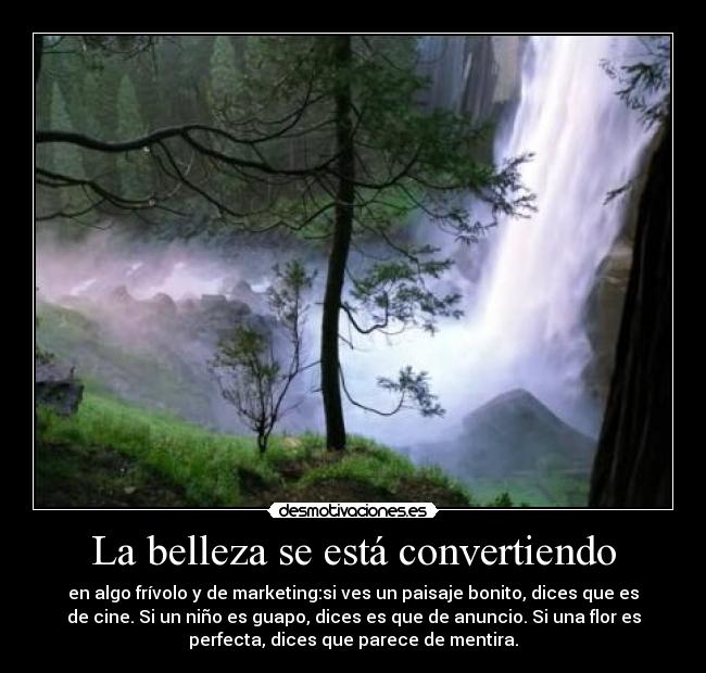La belleza se está convertiendo - en algo frívolo y de marketing:si ves un paisaje bonito, dices que es
de cine. Si un niño es guapo, dices es que de anuncio. Si una flor es
perfecta, dices que parece de mentira.