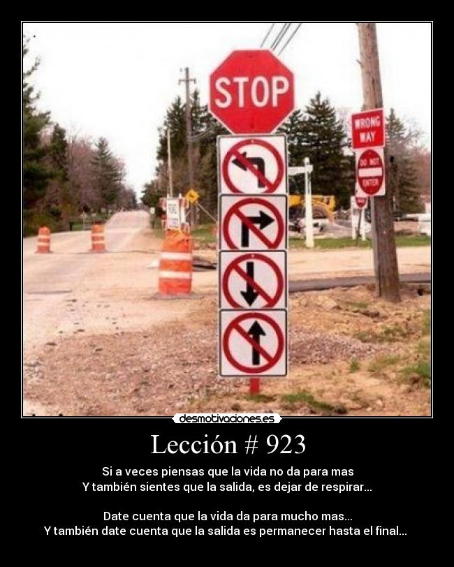 Lección # 923 - Si a veces piensas que la vida no da para mas
Y también sientes que la salida, es dejar de respirar...

Date cuenta que la vida da para mucho mas...
Y también date cuenta que la salida es permanecer hasta el final... 
 