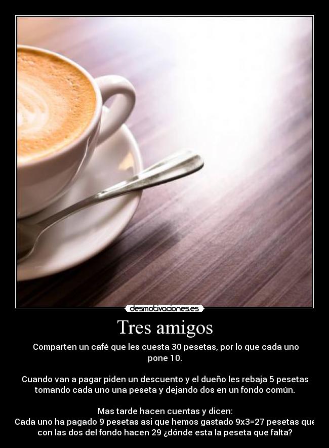 Tres amigos -  Comparten un café que les cuesta 30 pesetas, por lo que cada uno
pone 10.

Cuando van a pagar piden un descuento y el dueño les rebaja 5 pesetas
tomando cada uno una peseta y dejando dos en un fondo común.

Mas tarde hacen cuentas y dicen:
Cada uno ha pagado 9 pesetas asi que hemos gastado 9x3=27 pesetas que
con las dos del fondo hacen 29 ¿dónde esta la peseta que falta?