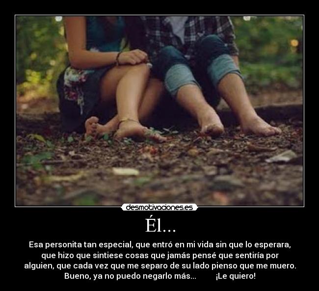 Él... - Esa personita tan especial, que entró en mi vida sin que lo esperara,
que hizo que sintiese cosas que jamás pensé que sentiría por
alguien, que cada vez que me separo de su lado pienso que me muero.
Bueno, ya no puedo negarlo más... ¡Le quiero!