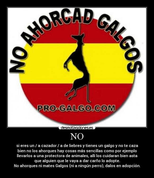 NO - si eres un / a cazador / a de liebres y tienes un galgo y no te caza
bien no los ahorques hay cosas más sencillas como por ejemplo
llevarlos a una protectora de animales, alli los cuidaran bien asta
que alguien que le vaya a dar carño lo adopte.
No ahorques ni mates Galgos (ni a ningún perro), dalos en adopción.
